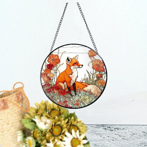Fox and California Poppy Stained Glass Window Hanging - 7.8'' Beautiful Fox Suncatcher for Window Decor, Artistic Fox and Flower Panel - Perfect for Animal Lovers and Nature Enthusiasts (Black-Line)