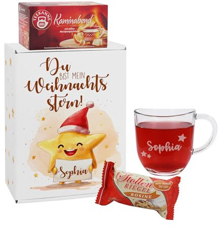 Herz & Heim Geschenkset mit Teeglas, Tee und Stollen (Du bist mein Weihnachtsstern)