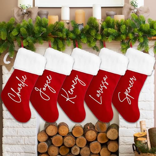 Thinocusty Personalisierte Weihnachtsstrümpfe mit Namen, 43,2 cm, großes Familien-Weihnachtsstrumpf-Set, roter Weihnachtsstrumpf für Kamin, Weihnachtsdekoration