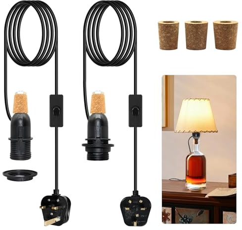 Lamp Kits Do it Yourself, 2 Pack E14 Bottle Light Adaptor Kit, 240 CM Extended Bottle Lamp Kits, Black Wine Bottle Table Bulb Holder, Includes 3 Sizes of Stoppers for Many Types Bottle, for Bedside