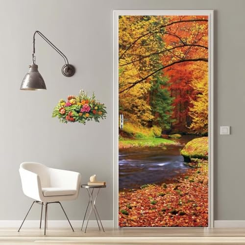 Türtapete Selbstklebend 90X200 Türaufkleber 3D Türfolie Selbstklebend Herbst Wald Klebefolie Tür Türposter Tür Folie PVC Wasserfest Wandbild für Schlafzimmer Wohnzimmer Tür Dekoration Tapete -MT863