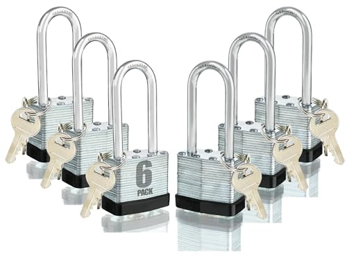 Pad Locks with Same Key 6 Pack, Heavy Duty Outdoor Locks | Same Key Convenience, 6 Locks Share Keys, Durable Steel Body for Storage, Gates, Garages and Outdoor Use