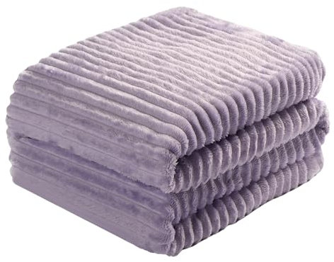 OHS Sofa Throw Blanket Ribbed Fleece, Soft Warm Cosy Fluffy Ribbed Texture Fleece Blanket for Home Decorative Living Room Bedroom Couch Throw Over, 125 x 150cm - Lilac