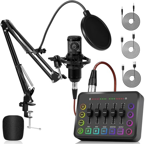 Podcast Kit Complet, Table de Mixage avec Carte Son pour Micro XLR, Interface Audio pour Musiciens en Streaming, Alimentation Fantôme 48V, pour le Streaming en Direct, le Chant, YouTube, le Jeu