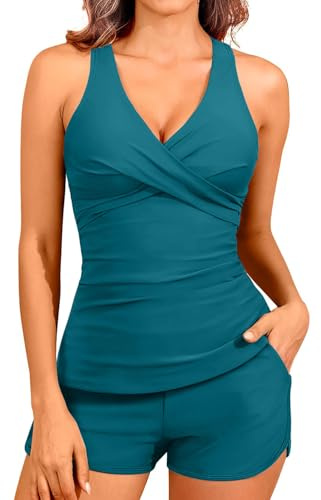 CheChury Tankinis Mujer Traje de Baño 2 Piezas Bañador Reductor Vientre Plano Bikini Push Up con Aros con Pantalones Cortos Tankini Cuello V Correas Cintura Alta Bañadores Deportivos Mujer Natacion