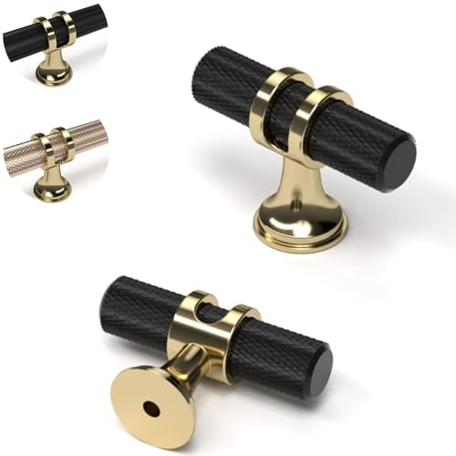 ELEBUILD 5 Stück Möbelknöpfe Matt Schwarz und Messing, Gerändelte T-Bar | Schwarz Gold Moderne Schubladengriff für Schränke, Küchenschränke, Schubladen, Kleiderschränke, Kommoden, Badmöbel