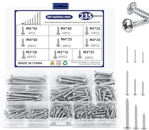 235 PCS Self Tapping Screws Assortment Kit, M3 M4 M5 M6 Cross-Recessed Pan-Head Stainless Steel Screws Set - Ideal For Furniture Repair & DIY Fastening