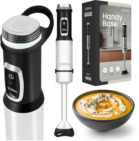 ZEEGMA HANDY BASE Frullatore a Immersione per Zuppe, Frullati, Potenza 1500 W, Regolazione Velocità Lame in Titanio Facile da Pulire Retroilluminazione LED Impugnatura Ergonomica, Corpo Cromato