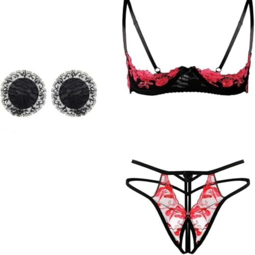 mini kitty Women Sexy Lingerie Set Quarter Cup Push Up Bra and Panties | Floral Lace Embroidery Underwear Set Cutout Balconette Shelf Bra Knickers with Nipple Cover 3 Pieces