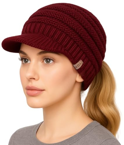 TOP-EX Chicpony, berretto islandese con visiera in lana, da donna, a coda di cavallo, cappello lavorato a maglia, foderato in pile, caldo cappello invernale, 89_bordeaux, Taglia unica