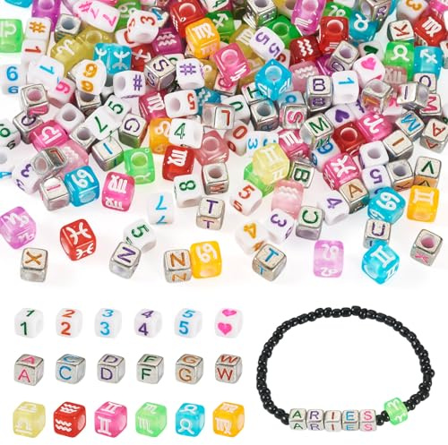 Spritewelry Acryl-Buchstaben-Perlen, Würfel, Sternbild, Alphabet, Zahlen, bunt, quadratisch, großes Loch, Abstandshalter für Freundschaftsarmbänder, Schmuckherstellung, 700 Stück