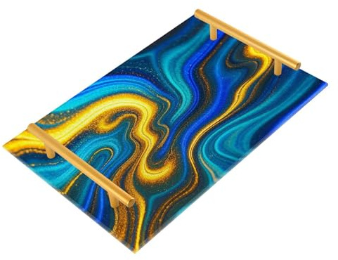 Plateau de service décoratif abstrait en marbre bleu doré avec poignées, plateau alimentaire pour lit, bijoux, parfum pour service moderne bandeja para desayuno