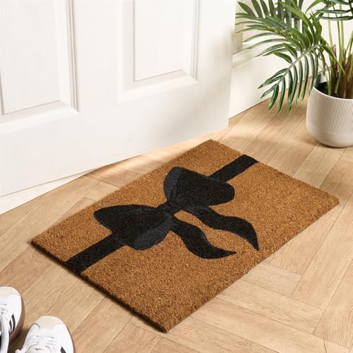 OHS Washable Door Mats Indoor & Outdoor Bow Print, Non-Slippery Heavy Duty Stylish Entrance Coir Door Mat Perfect Dirt Trapping Doormats, Natural/Black - 40 x 60cm
