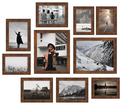 iRahmen Collage Picture Frames Set of 10, Wall Decor for Mounting or Tabletop Display, Family Photo Gallery Frame Set - Multi Sizes Including Two 8x10, Four 5x7, Four 4x6, HD Glass, Rustic Wood, Dark Brown