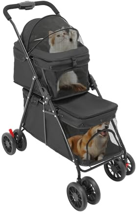 2-Lagiger Haustierwagen für Hunde & Katzen, Faltbarer Doppeldeck-Tierwagen mit Netzfenster, Bremse & Aufbewahrungstasche, Stabiler Carbonstahlrahmen, bis 40kg belastbar 95 * 60cm (Schwarz)