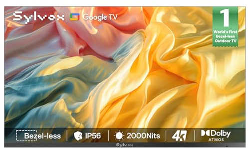 SYLVOX TV Exterior 75 Pulgadas, 4K UHD HDR, 2000 Nits, Sin Marcos Google TV, Dolby Atmos, DVB-C/S2/T2, Smart TV IP56 Resistente al Agua para Jardín, Terraza & Piscina (framless Pro)