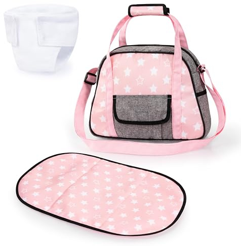 Bayer Doll Changing Bag Set for Baby Dolls | Baby Doll Accessories, Changing Mat, Nursery Tote with Adjustable Shoulder Strap, Front Pocket & Zip Fastener, Pink Stars