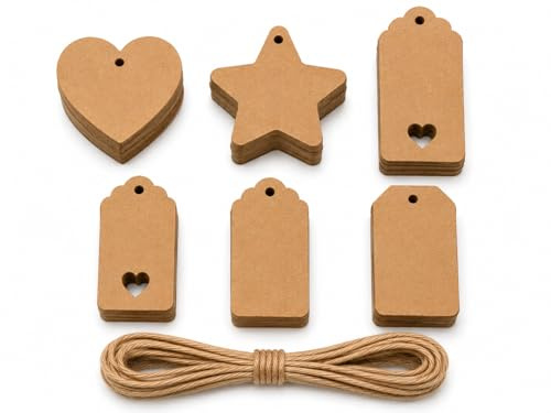 MD Labels Geschenkanhänger aus Kraftpapier mit Juteschnur – 120 Tags in 6 Designs – Beschreibbar für DIY, Hochzeit, Weihnachten, Handmade & Geschenkverpackung