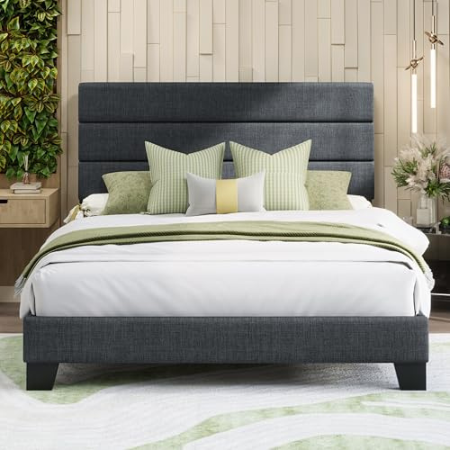 MUTICOR Polsterbett 140x200 cm Stoff mit gepolstertem Kopfteil, Dunkelgrau | Leinenoptik Bezug, Weiches Kopfteil, 11,5 cm Stauraum, 363 kg Belastbarkeit, Geräuschfrei, Einfache Montage