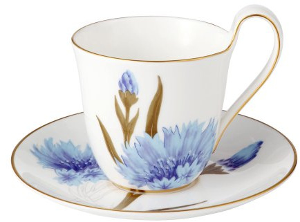 Royal Copenhagen Flora Kornblume Tasse mit Untertasse aus Fine Bone China in der Farbe Weiß mit Blumenmuster 27cl, 1017533, Cornflower