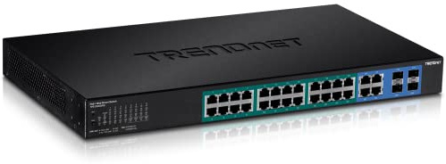 TRENDnet, TPE-2840WS, 28-Port Smart PoE + Web-Switch, 24 x Gigabit-Ports, 4 x gemeinsam genutzte Gigabit-Ports (RJ-45 oder SFP), 185 W PoE-Budget, 56 Gbit/s Switching-Kapazität