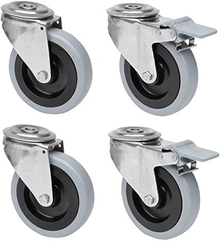 Satz Transportgeräterolle Edelstahl 125 mm Rad mit Gummibereifung grau spurlos Rückenloch Lenkrolle mit ohne Feststeller V2A INOX Edelstahlrolle Polyamidrad Totalfeststeller Bremse Stop Vollgummi