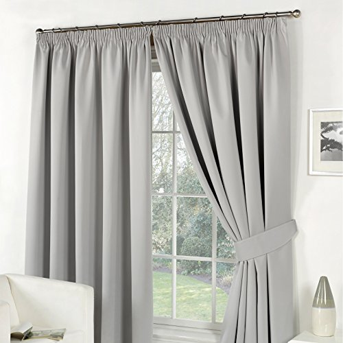 Dreamscene Pencil Pleat Blackout Curtains Set of 2 Thermal Tape Top Heading Panels, Silver Grey - Width 66 x Drop 54
