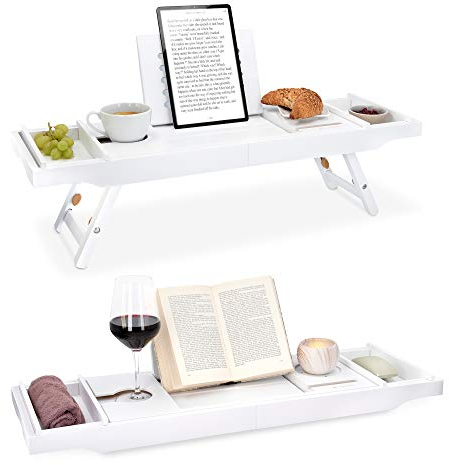 Navaris Vassoio Vasca Colazione Letto - Mensola Vasca da Bagno in bambù - Mensola Allungabile 75cm-108cm con Leggìo Integrato Vani Laterali - Bianco