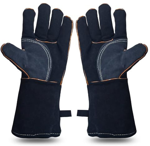 YOUYA Extreme Heat & Fire Resistant Gloves Leather with Kevlar Stitching,Perfect for Fireplace, Stove, Oven, Grill, Welding, BBQ, Mig, Pot Holder, Animal Handling, Black-Grey 14in/35cm…