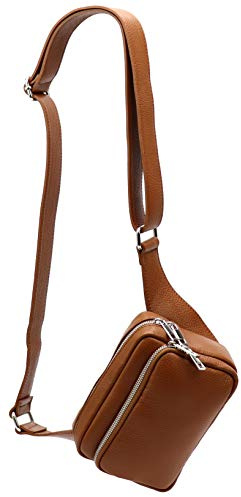 SH Leder echt Leder Hüfttasche Damen Herren Unisex Gürteltasche für Festival Reise Bauchtasche mittelgroße Crossbody Bag Frauen Ledertasche 18x13cm Jisoo G412 (Cognac)