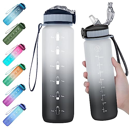 EYQ 1L Water Bottle, 1 Litre Water Bottle with Straw, 32oz Leak-Proof Motivational Sports Drinks Bottle with Time Marker, Tritan BPA-Free, Drinking Waterbottles for Fitness, School, Gym Outdoor Sports