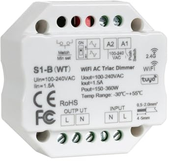 LEDKIA LIGHTING LED-Dimmer Triac WiFi Triac RF 1CH 1.5A AC Kompatibel mit Taster Weiß