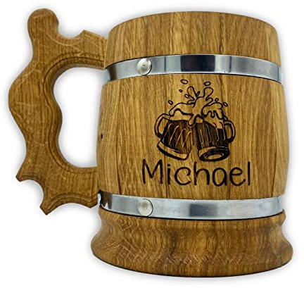 Rustikaler Bierkrug aus Eichenholz mit Edelstahleinsatz 0,5 Liter - Holzkrug mit Gravur für Geburtstag, Hochzeit, Junggesellenabschied oder Biergeschenk