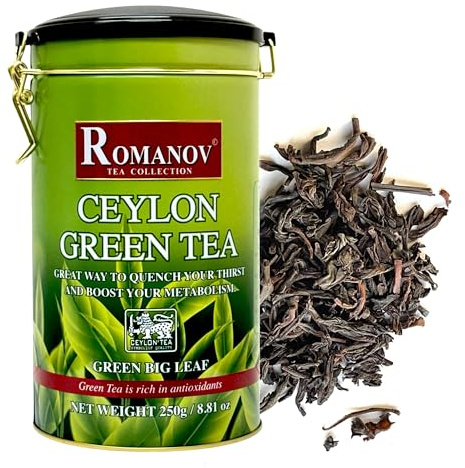 Romanov Tea | Ceylon Green Tea | Green Big Leaf | 100% Pure | Additives Free | GMO Free | Gluten Free | Dairy Free | Sugar Free | 100% Natural | 250g (1)