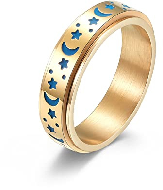 Yifnny Spinner Ring, Edelstahl Spinner Ringe für Damen Herren Zappelbandringe Mond Stern Ringe Stressabbauende Hochzeit Versprechen Leuchtender Ring