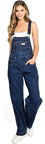 Lana Roux 90s Retro Dungaree Utility Denim Twill Jumpsuit Overalls, Dark Denim, Medium