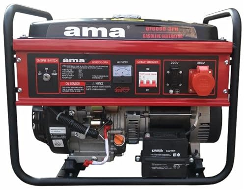 AMA Generatore a Benzina Trifase con AVR da 389cc 5,5KW, Avviamento Elettrico, Autonomia 10 Ore, Rosso e Nero, per Officina e Outdoor