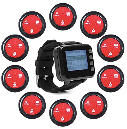 CYSSJF Wireless Calling System Restaurant Pagers Table Calling System, Waiter Calling System with 10 Waterproof Call Buttons and 1 Watch Receiver Suitable for Clinic，Restaurant, Cafes, Factory