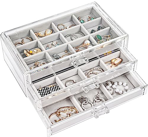 ProCase Porta Orecchini Organizer, Porta Gioielli da Cassetto con Divisori Regolabili, Porta Orecchini Chiuso da Camera, Vassoi per Gioielli Anelli Orecchini 3 Strati - Grigio