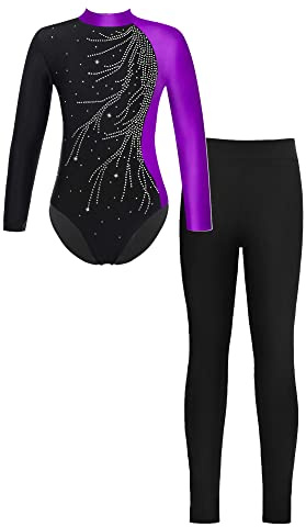 iEFiEL Mädchen Turnanzug Langarm Glitzer Gymnastik Kleidung Set Ballett Trikot Langarmbody mit Lange Hose Kinder Gymnastikanzug Z Violett + Schwarz 122-128