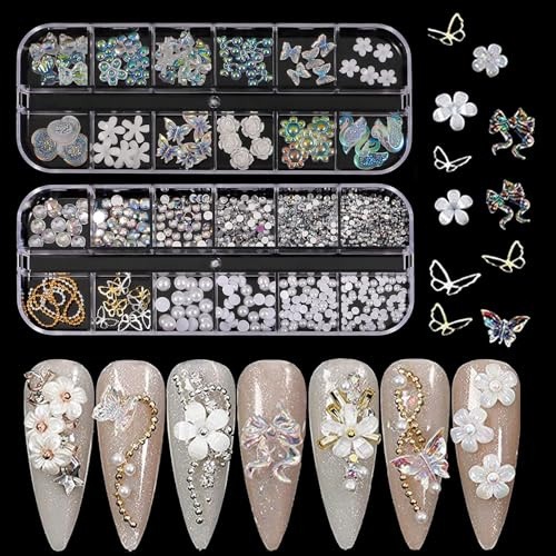 Nail Art Rhinestones and Pearls,2 Boxes Butterfly Bowknot Flower Nail Art Charms,Aurora Bear 3D Nail Art Decorations for Nail Art Design DIY Crafting Party Daily Wedding