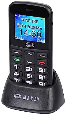 Trevi MAX 20 Telefono Cellulare Essenziale con Grandi Tasti Retroilluminati, Funzione SOS e Ripetizione Vocale, Senior Phone Semplice e Affidabile per Uso Quotidiano, Base di Ricarica, Nero