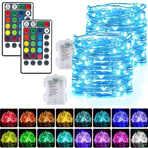 LED Lichterkette mit Batterie 2 Stück 50 LED 16 Farbwechsel Akku RGB Lichterkette Superhelle Lichter mit Fernbedienung Timer für Weihnachtsdekorationen im Innen- und Außenbereich (2 Stück,RGB)