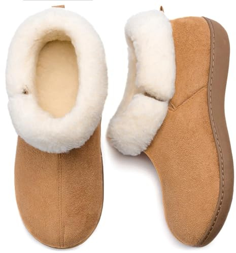 RockDove Women's Closed Back Bootie Slippers with Memory Foam Sherpa Lining Faux Suede Upper Non-Slip Sole Indoor Outdoor, Size 7 US Women, Tan