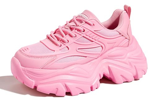 LUCKY STEP Chunky Sneakers for Women Platform Tennis Fashion White Dad Shoes Mesh Breathable Casual Wedge Lace Up Walking Sneakers(Pink,7)
