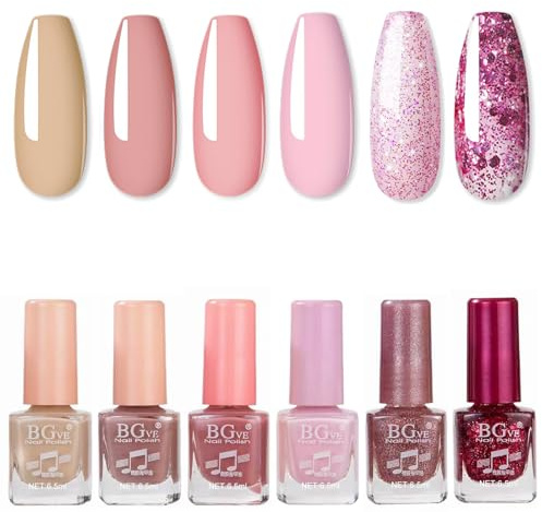 6PC Pink Glitter and Nude Nail Polish Set - Quick Dry & Long Lasting Varnish Gift Set - Oil-Based Formula for DIY Nail Art No Need Baking