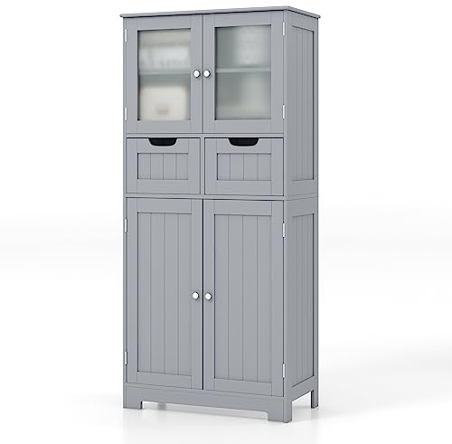 COSTWAY Badschrank mit 2 Schubladen und 4 Türen, Badezimmerschrank mit verstellbaren Regalen, Badkommode Aufbewahrungsschrank für Badezimmer, Küche, Wohnzimmer (Grau)