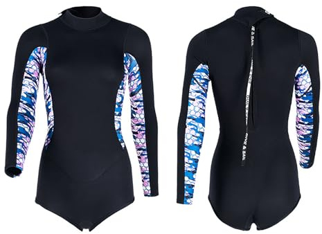 SaiDuoDuo 2 mm Neopren Damen Neoprenanzug Einteiliger Shorty Neoprenanzug, Langarm Rücken Reißverschluss Tauchanzug,Schwarz,XL