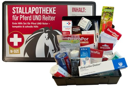 Stallapotheke für Pferd und Reiter - M-Size Stall Apotheke von Apotheken-Express 18 teiliges Set -erste Hilfe für Pferd und Reiter
