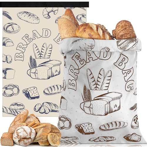 Wowangce 2 Pcs Bread Bags for Homemade Maker Gift Zipper Reusable Beeswax Bread Storage Bags with Lining Large Freezer Waterproof Sourdough Container for Loaf, 17 x 12(Novelty)